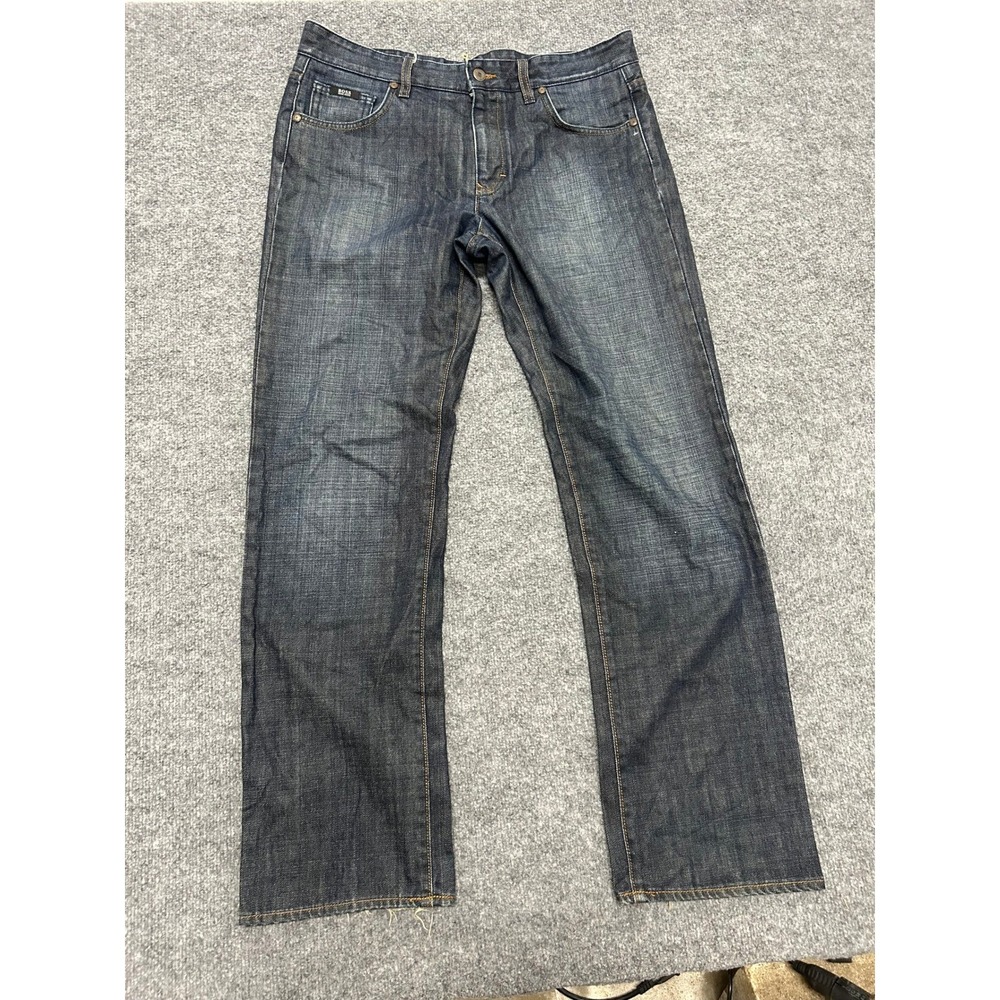 Hugo Boss Jeans Mens Size 34 Blue Kansas Straight Leg Dark Wash Frayed Hem Denim